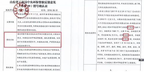 2018年11月1日，中央第三生態環境保護督察組進駐山東省開展“回頭看”。通過對相關部門走訪問詢，并抽查有關企業，發現山東省物流運輸企業違規使用普通柴油或其他高硫分燃油問題依然十分突出，柴油貨車尾氣污染嚴重。  一、基本情況  《大氣污染防治法》明確，禁止向汽車和摩托車銷售普通柴油以及其他非機動車用燃料。第一輪中央環保督察反饋指出，山東省以普通柴油替代車用柴油的情況較多，濱州等地市大量物流運輸企業違規使用普通柴油，尾氣污染問題突出。  為此，山東省整改方案要求，杜絕違規使用普通柴油的情況，并明確由原省工商局負責部署推進相應整改工作。原省工商局于2018年8月1日上報山東省環境保護督察反饋意見整改工作領導小組，聲稱該問題完成整改并銷號。  二、主要問題  督察發現，原山東省工商局作為整改責任主體沒有認真履行整改職責，未就整改工作進行部署推進，整改任務目標完全落空，全省物流運輸企業違規使用普通柴油或高硫分燃油問題依然普遍存在。  （一）違規售油無人管。督察組抽查3個地市的4家煉化公司，發現這些煉化公司違規大量向物流運輸企業銷售普通柴油或其他高硫分燃油，導致這些柴油大量替代車用柴油使用，污染嚴重。2018年，東營齊潤化工有限公司將3萬余噸硫含量近2000mg/kg的常壓柴油售給物流運輸企業和加油站，墾利石化有限公司也將3萬余噸硫含量2000-3000mg/kg的燃油售給相關物流運輸企業和加油站，硫含量最高超標約300倍。2017年中央環保督察以來，山東匯豐石化集團有限公司將近40萬噸普通柴油銷往多家物流運輸企業，濰坊市昌邑石化有限公司將5萬余噸國Ⅳ和國Ⅴ的普通柴油售給物流運輸企業?，F場抽查發現，物流運輸企業多數在自身停車場內私自安裝加油裝置，將所購違規油品自用，昌邑市盛宏物流有限公司甚至違法轉售其他社會車輛。   圖1 昌邑市盛宏物流有限公司在停車場內私設加油裝置  （二）督察整改做樣子。原省工商局作為督察整改的責任主體，接受任務時服從安排，實際整改時做做樣子。督察反饋明確指出問題主要是煉化公司違法向物流運輸企業銷售普通柴油替代車用柴油使用，導致汽車尾氣污染。但原省工商局等部門整改時僅部署對加油站和成品油倉儲批發企業的檢查，沒有將煉化公司到物流運輸企業的黑色鏈條作為查處對象。整改工作指東打西，真正問題沒有觸及。另外，整改方案明確的目標是“強化日常監督管理，杜絕違規使用普通柴油”；但原省工商局擅自在銷號材料中將目標改為“針對加油站開展專項整治行動”，以此蒙混過關，虛假銷號。   圖2 原省工商局在銷號確認表上弄虛作假  （三）執法監管走過場。2017年以來，山東省各市共打擊取締非法加油點近2000家，但僅對涉案物流運輸企業進行了處罰，未能以此為線索追根溯源，對源頭煉化公司違規售油問題進行查處，煉化企業到物流運輸企業的黑色鏈條始終未被斬斷。  一些煉化企業長期游離于監管之外，缺乏對法律的敬畏。2018年8月，生態環境部調研發現中國化工集團山東昌邑石化有限公司涉嫌違法生產銷售國Ⅳ普通柴油，但在進一步調查時，企業拒絕配合，不提供相關臺賬，并臨時編造相關記錄。“回頭看”進駐后，督察組再次現場檢查，要求企業提供儲運臺賬，企業依然拒絕提供，并繼續編造謊言，提供虛假材料，性質十分惡劣。  對此，濰坊市查處不嚴不實，甚至試圖蒙混過關。在督察組兩次督導后，查處工作依然走過場，在未調度企業生產記錄和儲運臺賬等關鍵證據的情況下，即采信企業說法，甚至未調閱生產記錄就作出該企業2018年未生產銷售國Ⅳ普通柴油的結論。直到督察組再次督導、進一步明確要求后才加大查處力度，發現該企業2018年實際以燃料油名義違規銷售國Ⅳ普通柴油4萬多噸。  三、原因分析  原山東省工商局不在整改落實中下功夫，反而在整改銷號上動腦筋，表面整改，虛假整改問題突出。  山東省有關地市不敢動真碰硬，對違法銷售不合格油品的黑色鏈條整治不力，未能對油品來源追根溯源，未對煉化企業的違法行為依法查處。